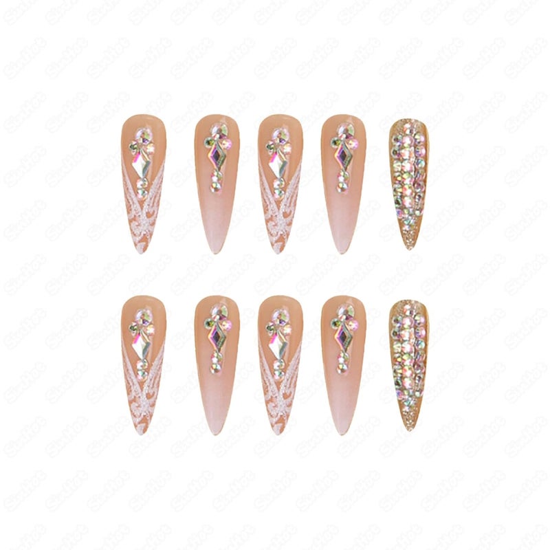 SINHOT Stiletto Press on Nails Long Fake Nails Glossy Glue on Nails Luxury Rhinestones Acrylic Nail White Bling Glitter Almond Artificial Nail Stick on False Nail with Design 24pcs - Image 5
